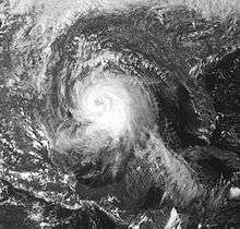 Satellite image of a large tropical cyclone which has a developing eye feature