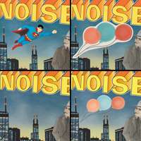 A montage of close-ups from the various covers to Illinois: in the top left corner, Superman is displayed flying over Chicago; to the right, that image is covered by balloons pasted onto the album cover; in the bottom left corner, there is simply a grey sky above the city; and in the final quadrant, balloons are painted onto the image itself.