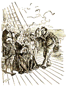  A sketch of a man talking to people gathered on a sailing ship.