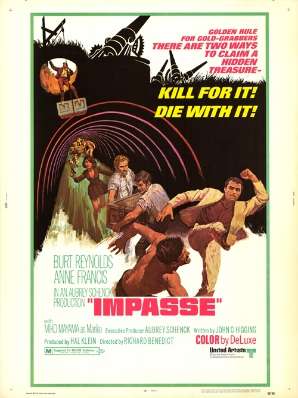 Movie poster featuring a man in a white suit kicking another man in the face. In the background, two men carry a large trunk and behind them an Asian woman in a black dress is running while holding a gun in her right hand. On top, a man stands on top of a large trunk while being hoisted out of a hole.