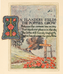 A page from a book. The first stanza of the poem is printed above an illustration of a white cross amidst a field of red poppies while two cannons fire in the background.