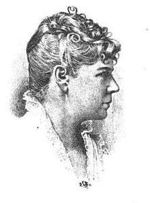 A monochrome engraving, bust portrait of a woman in her 40s or 50s, wearing a white blouse with a high, open collar made of lace, hair curled and secured atop the head, the woman shown in profile looking directly to the right