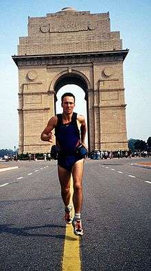 Full-length photo of Robert Garside beginning his world-record around-the-world run from the monument of India Gate, New Delhi, India.