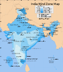 India wind zone map. A map of India overlaid with zones of various shades of blue, each representing a region that experiences a similar level of windiness. The entire eastern littoral and the northern half of the country are shaded in relatively dark blues, signifying relatively windy prevailing conditions of between 30 and 50 metres per second. The darkest blue region is in the extreme north, beyond the Himalayas in Ladakh, on the Tibetan Plateau; there, sustained winds average over 50 metres per second. The inland central, south, and especially the southwestern portions are shaded in light blues: they are relatively windless, averaging less than 30 metres per second.