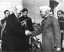 Prime Minister Jawaharlal Nehru receiving U.S. President Dwight D. Eisenhower at Parliament House, before the President addressed a joint session of Indian Parliament