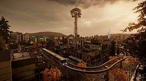 A screenshot of the game world's Seattle skyline, with the Space Needle depicted in the center. Lighting, draw distances and weather effects are visible.
