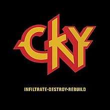 A large CKY logo in yellow block text with a red outline, with the title Infiltrate•Destroy•Rebuild in smaller yellow text below it, all on a plain black background.