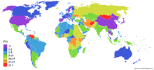 A map of the world with different regions colored in correlating to inflation rates