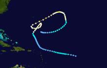 Tracking map showing the path and intensity of Hurricane Inga