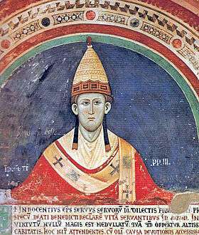 A painting of Pope Innocent III, wearing his formal robes and a tall, pointed hat.