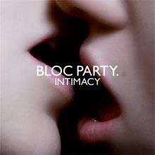 Album cover showing a close-up of a couple kissing, captioned "BLOC PARTY." and (smaller) "INTIMACY" below it. Only the lower, central portions of the heads are visible.