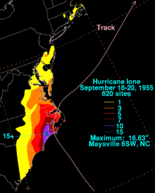 A rainfall graphic showing the eastern seaboard of the eastern seaboard of the United States. There is a track line entering central North Carolina then curves to the Northeast and the track line exits the coast near the Virginia border. The highest rainfall amounts, 15 inches (380 mm), are to the southeast of the track. The further southwest and north you go the lesser the rainfall amounts in those areas.