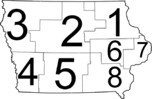 A map of Iowa with the eight judicial districts superimposed upon the state.