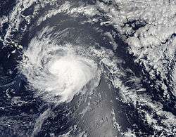 Satellite image of a tropical cyclone to the left of small landmasses.