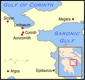 A map which depicts the area around the Gulf of Corinth. The area to north consists of highlands and the Gulf of Corinth, while the area to the south shows the cities of the area.