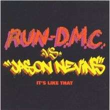 On a black cover, a red early Run-DMC logo is above "vs Jason Nevins" in yellow graffiti font. The single title is in red in a smaller, plain all caps print below.
