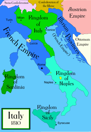 Map of Italy in 1810, showing the French Empire covering most of the western upper quarter of the peninsula, with the Illyrian Provinces, including Trieste and Dalmatia, also a French dependency, separated from the Empire-proper by the Kingdom of Italy.