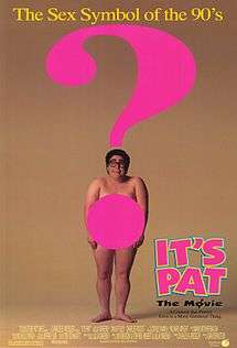A large person stands naked in the center of the poster, with a big pink question mark covering their body