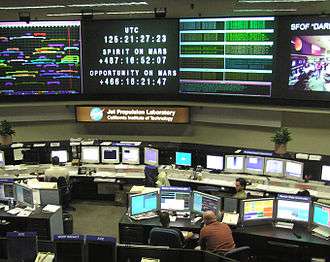 Interior photograph of the control room at the Space Flight Operations Facility, with tables of monitors and workstations arrayed facing several large wall-mounted monitors.