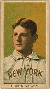 A baseball card featuring a player wearing a white shirt with a black curved "NEW YORK" on the front. The bottom of the card reads "CHESBRO, N. Y. AMER."