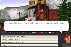 A screenshot from The Yukon Trail showing the player talking to Jack London in Dawson City.