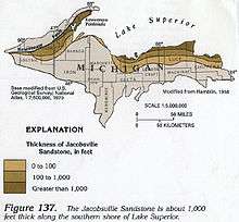Map of the Upper Peninsula showing sandstone thickness.
