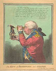 A span-high Napoleon stands on the outstretched hand of a full-size George III, who peers at him through a spy-glass.