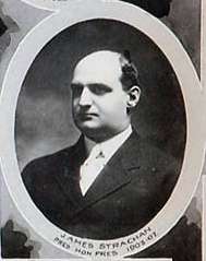 Profile of balding man, wearing a suit, within an oval, with the caption "James  Strachan Pres. Hon. Pres 1903-07"