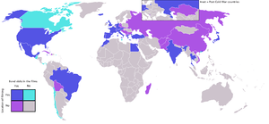 World map, with countries visited by the James Bond film crew coloured both dark and light blue, countries in which the films are set but were not filmed actually there in purple, and other countries in grey
