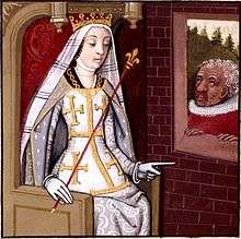 A crowned women wearing a long veil sits on a throne at a window through which an old man watches him