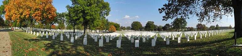 Panoramic view showing row upon row of simple white stone headstones converging in the distance.