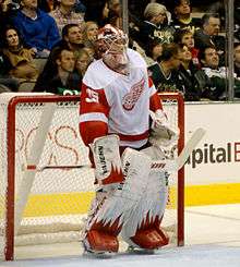 Jimmy Howard on the ice, upright in front of his net