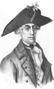 Black and white print of a large-eyed man in a large bicorne hat, open coat, and frilled shirt-front