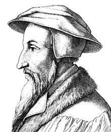 A profile line drawing of Calvin