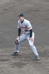 A baseball player standing on the infield