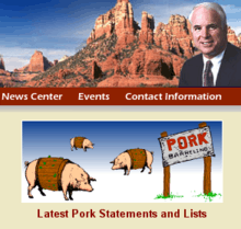 Red rocks landscape of Arizona with McCain image added, on uppper half; cartoon illustration of pigs inside brown barrels on lower half