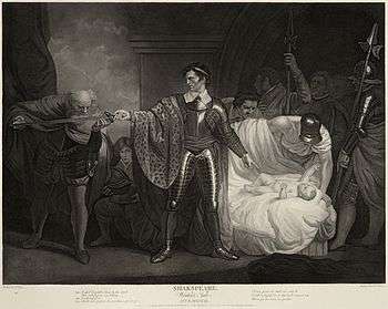 A man stands at the center of the engraving, dressed in armor. His sword is outstretched to his right and an elderly man is kissing it. At his right, a baby is lying in a bed, surrounded by soldiers.