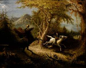 Man on horse being pursued by headless man on horse.
