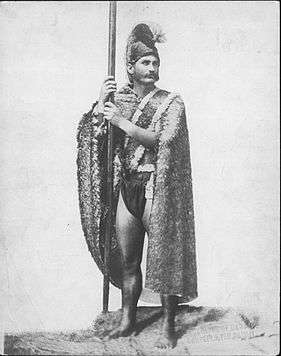 Photograph of Hawaiian men wearing feather cloak, sash and helmet, holding a spear