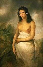 Dark-haired female figure facing half left, breasts exposed, wearing a white garment on her lower body.