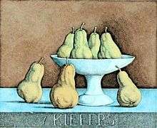 color etching depicting seven yellowpears and a footed dish