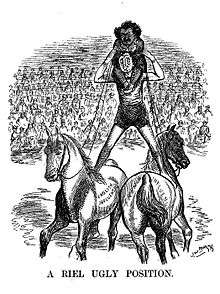 Cartoon of a man standing with his feet on different horses labelled "French Influence" and "English influence"; another man rides on his back.