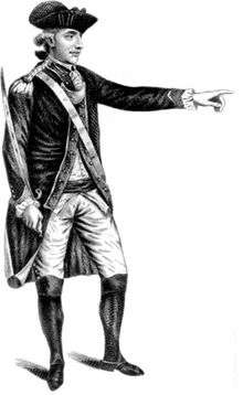 Full length print of a man in an 18th-century military uniform and tricorne hat. He holds a sword in his right hand while pointing with his left.