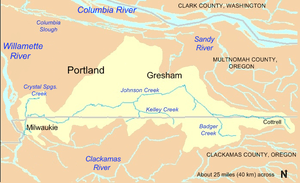 Johnson Creek flows through Clackamas and Multnomah counties from near Cottrell, Oregon, on the east to Milwaukie, Oregon, on the west. Much of its watershed lies in Gresham and Portland, both in Multnomah County.