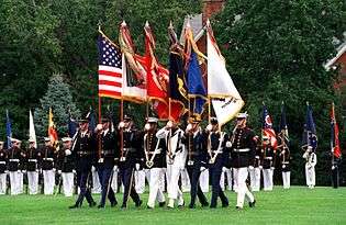 United States Joint Service Color Guard on parade at Fort Myer