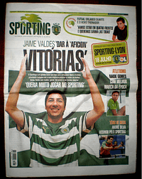 green text on a white background reads "SPORTING". A photograph of featuring Jaime Valdés that recently in the current squad of soccer. where you can read "DAR À "AFICION" VITÓRIAS". And some more news on other sports club.