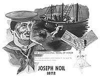 Illustration with the head of a black sailor at left, a star-shaped medal on a ribbon at right, a ship with a man jumping overboard and another man in the water in the background, and the words "Joseph Noil, 1872" at bottom.