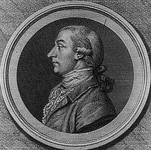 Black and white print of a man wearing a 18th century wig, dark coat and frilled white shirt.