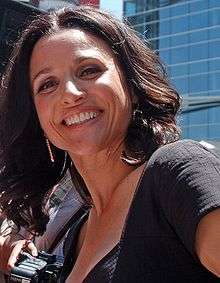 A close-up of Julia Louis-Dreyfus from a worm's eye view