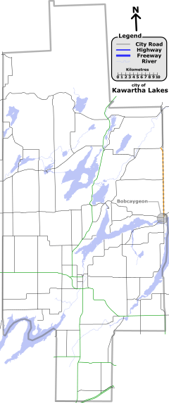 "A map with various coloured lines representing different types of roadways. In deep-green are provincial highways; in black are other Kawartha Lakes numbered roads; in light blue are lakes and rivers."